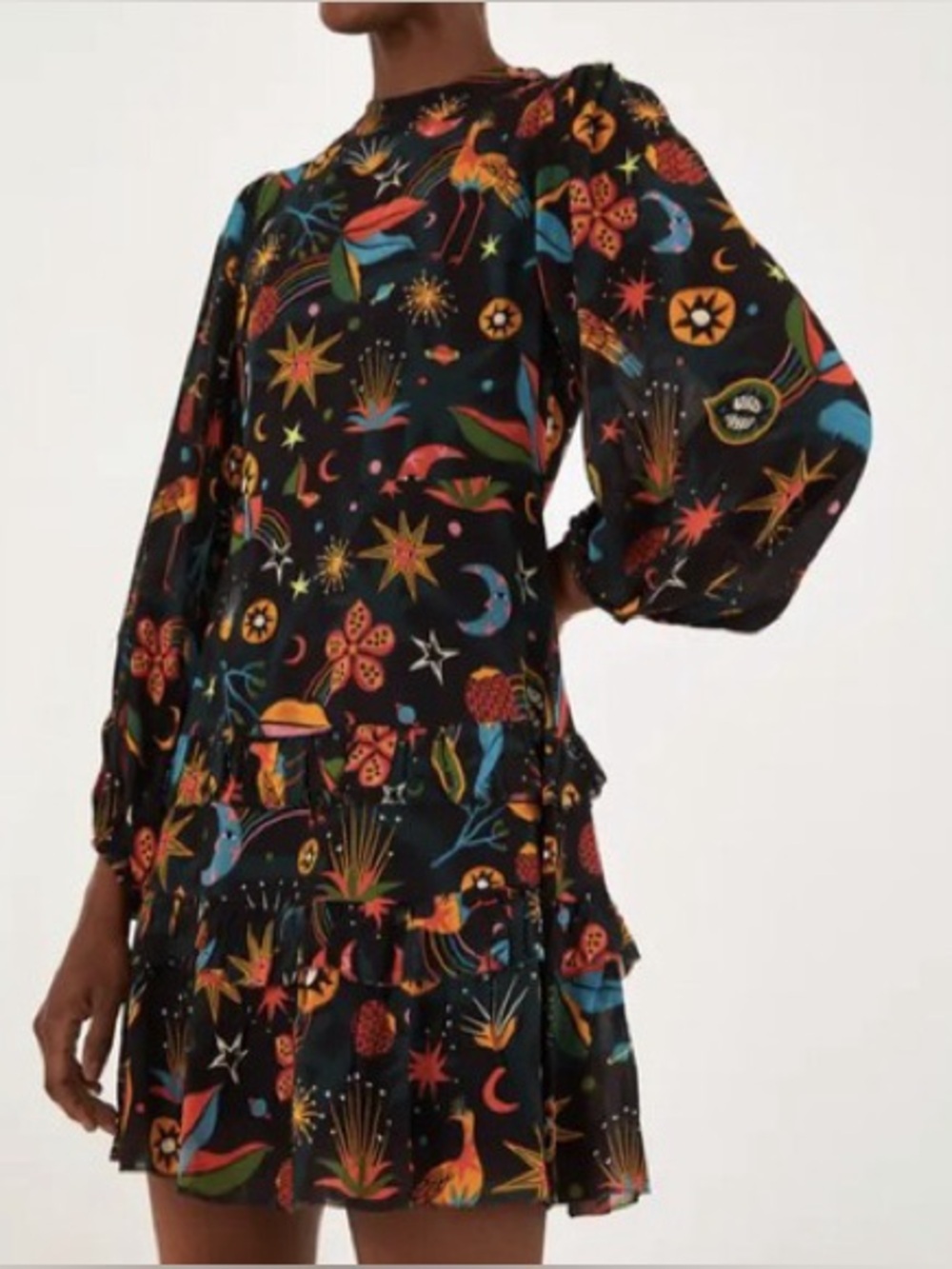 FARM Rio Black Cerrado Sky Celestial Mini Dress Ruffle Long Sleeve Small - Picture 8 of 8
